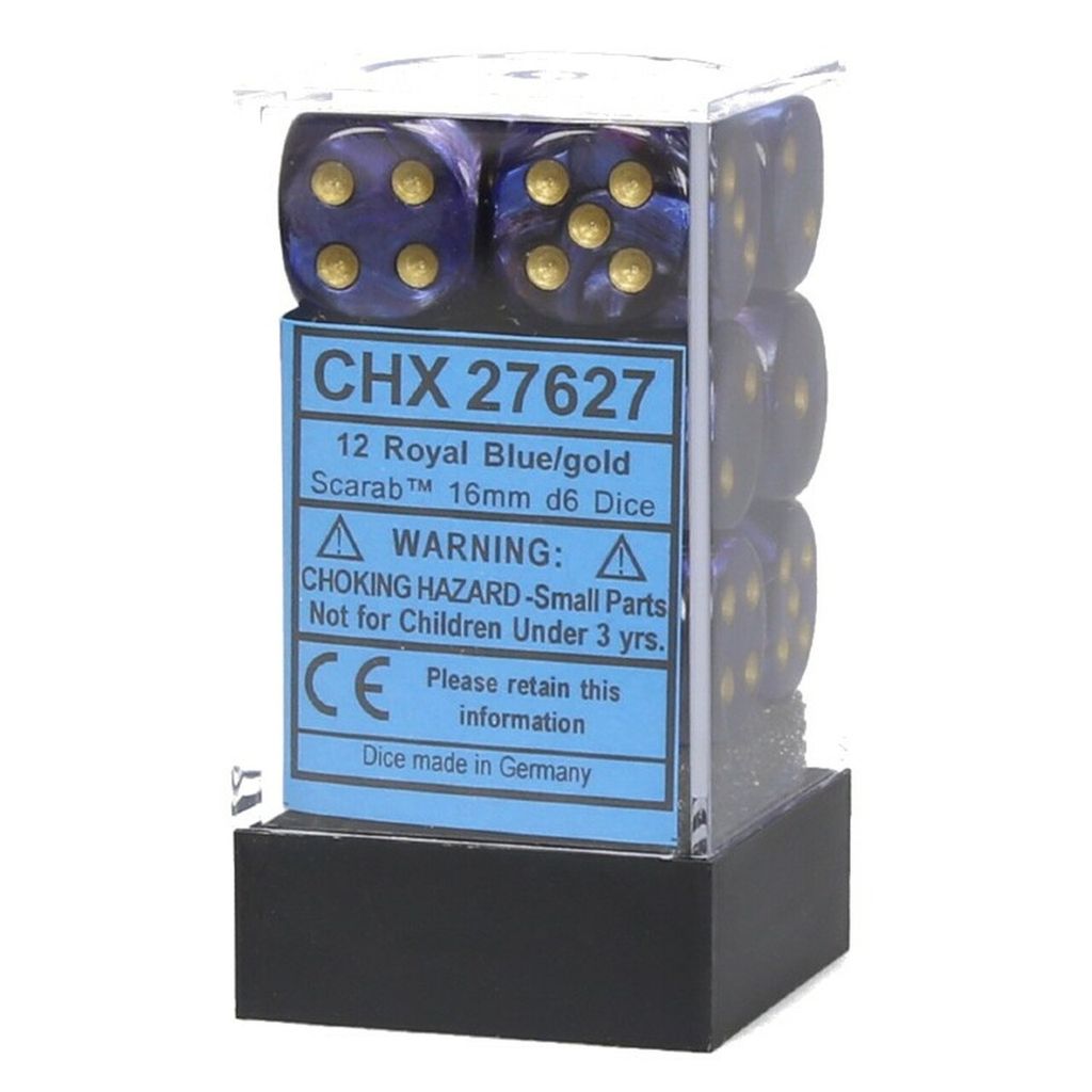 Chessex Scarab Royal Blue/Gold D6 16mm Würfel Set 12 Stück