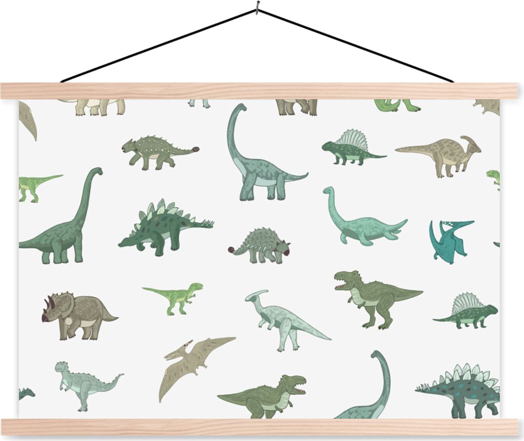 MuchoWow Textilposter Dinosaurier - Grün - Jungen - Braun - Kind - Muster 60x40 cm mit holzfarbenen Rahmen - Bilder