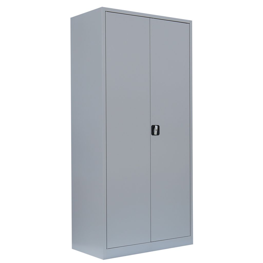 A tall, gray metal cabinet with two doors and a black handle.