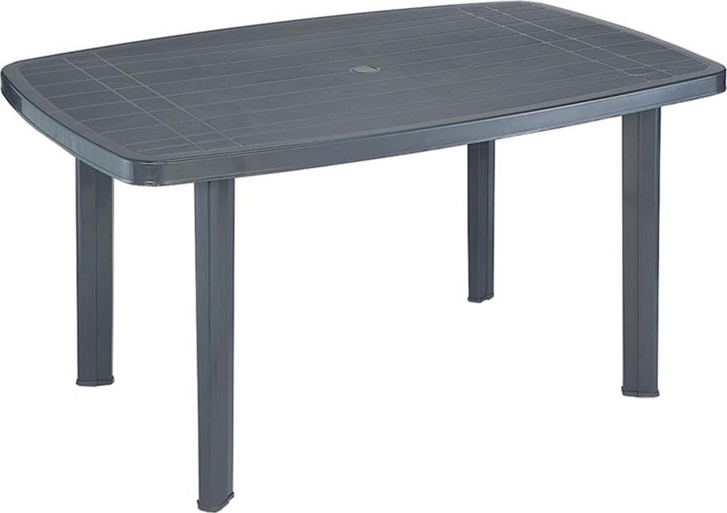 A dark gray rectangular plastic garden table with four legs, shown against a white background.