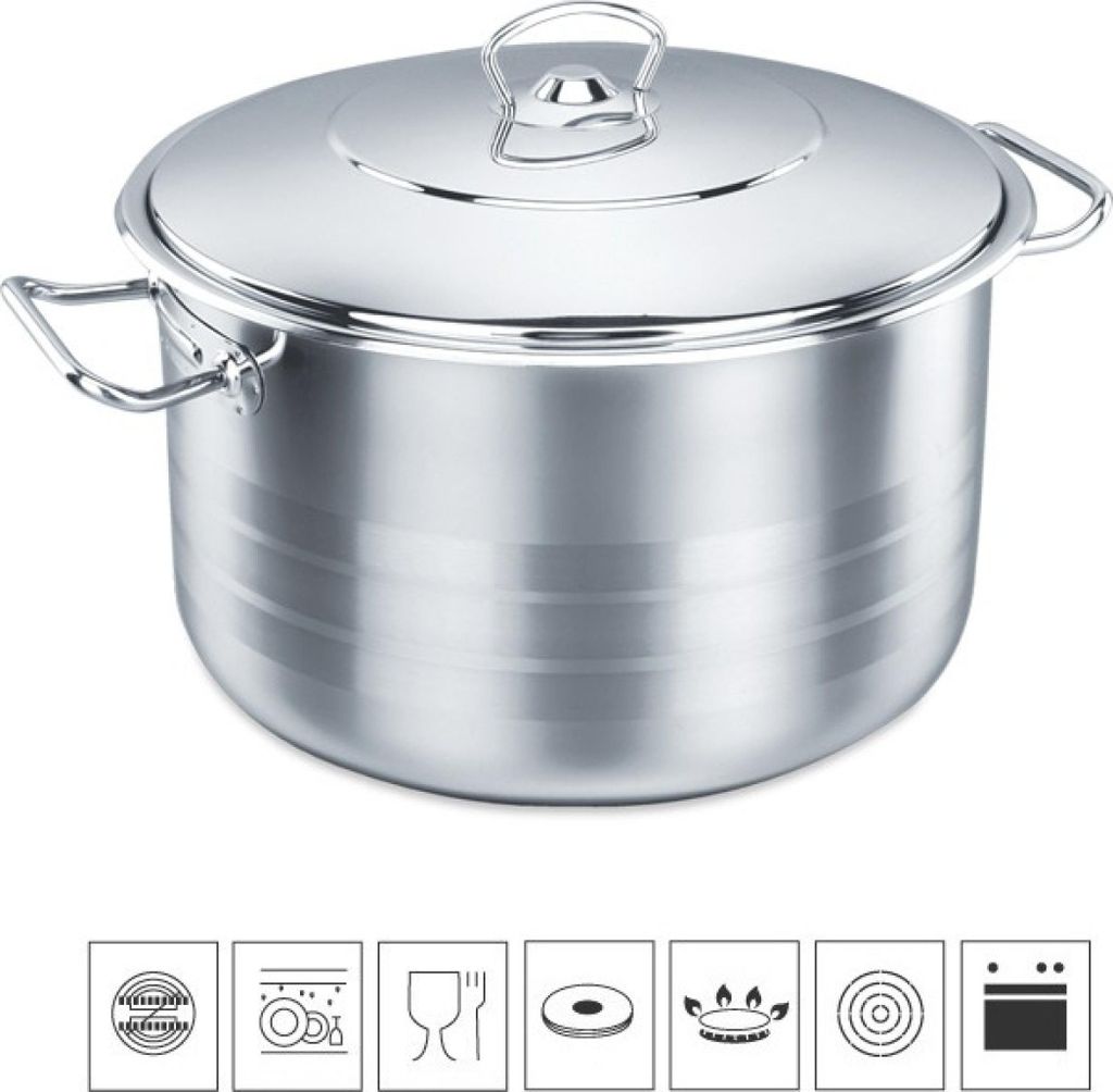 A stainless steel pot with a lid and handles, shown in a studio setting with icons below indicating its features.