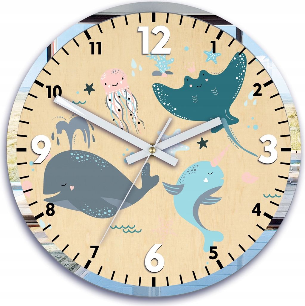 A close-up view of a round wall clock with a cartoon ocean theme, featuring various sea creatures and numbers.