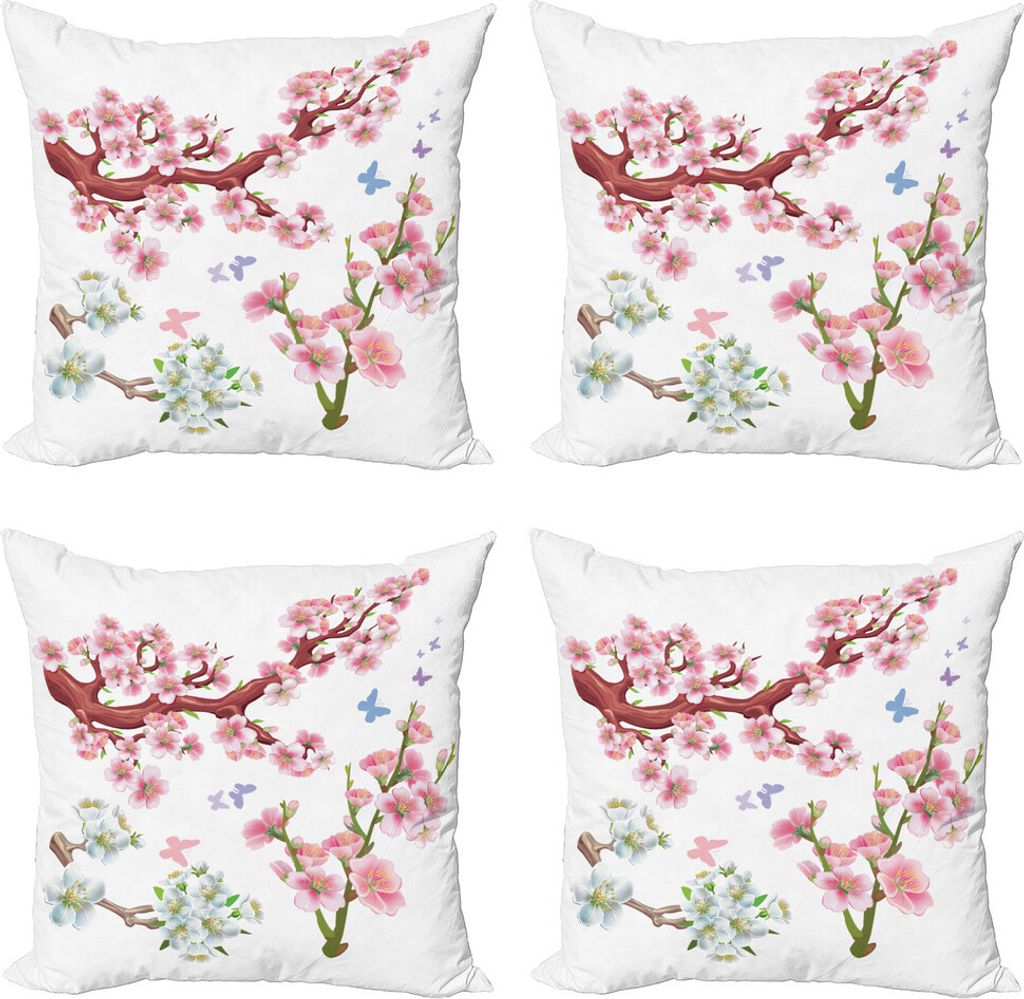 ABAKUHAUS Blumen Kissenbezug Set (4 Stück), Vivid blühenden Zweig, Moderner Doppelseitiger Digitaldruck, 60 cm x 60 cm, Rosa, Braun, Grün