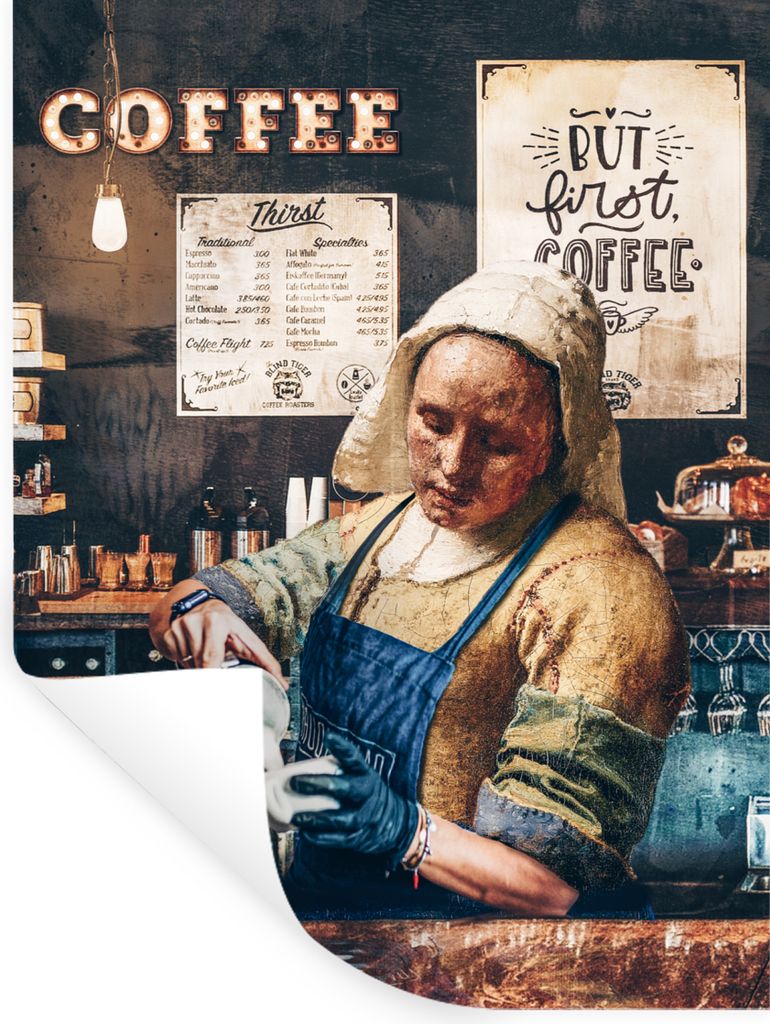 MuchoWow Wandtattoo Wandsticker Wandaufkleber Cappuccino - Vermeer - Milchmädchen - Barista - Kaffee - Vintage 30x40 cm Selbstklebend und Reposi...