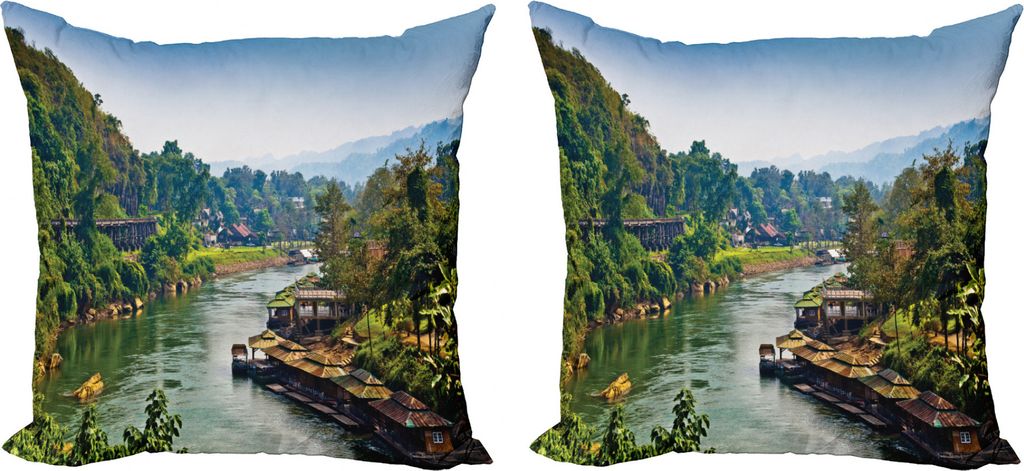 ABAKUHAUS asiatisch Kissenbezug Set (2Stück), Tropic Thai Village, doppelseitiges Digitaldruckdekor mit Reißverschluss, 50 cm, Forest Green Turqu...