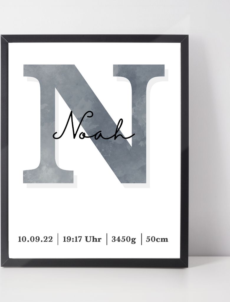 Geburtsposter personalisiert | Geschenk zur Geburt Babyposter | Kinderzimmer Babygeschenk – Digital (Versand per Mail) / Grau / ohne Bilderahmen