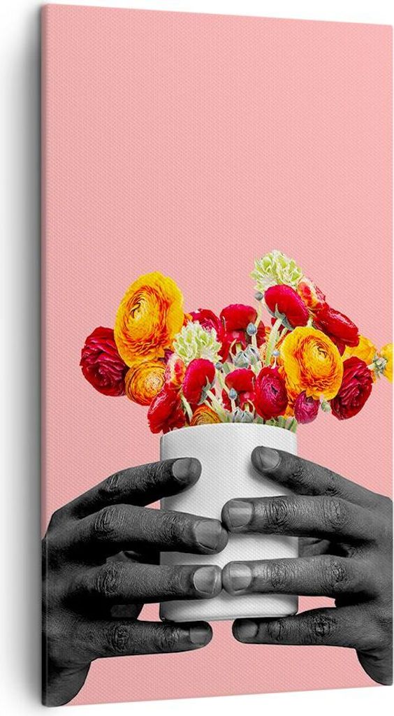 Bild auf Leinwand - Leinwandbild - Einteilig - Schwarz Hände Blumen - 45x80cm - Wand Bild - Wanddeko - Wandbilder - Leinwanddruck - Bilder - Wandd...