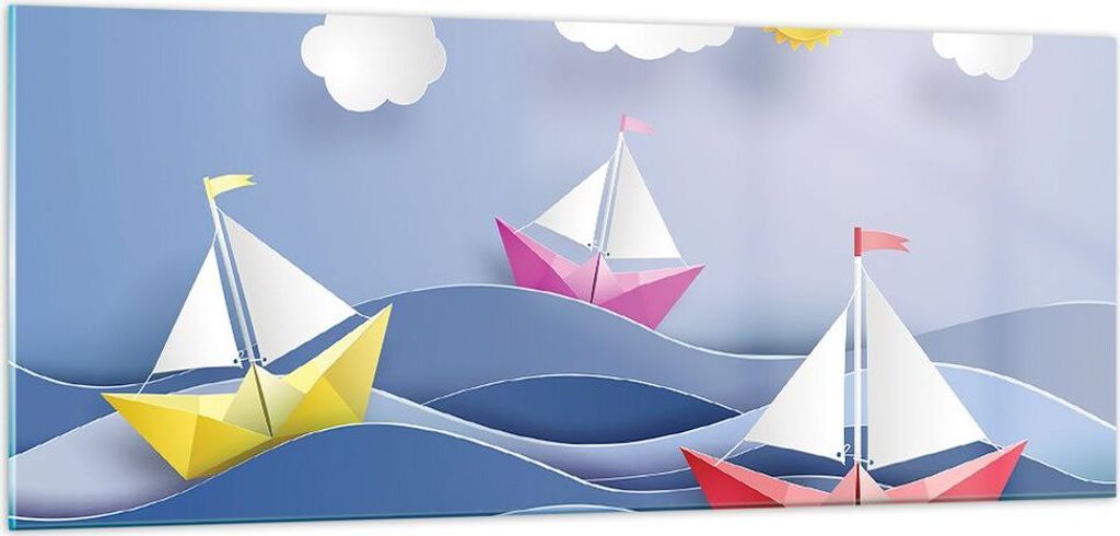 Bilder auf glas - Origami boot meer himmel - 100x40cm - Glasbilder - Wandbilder - Kunstdruck - zum Aufhängen bereit - Wanddekoration aus Glas - Gl...