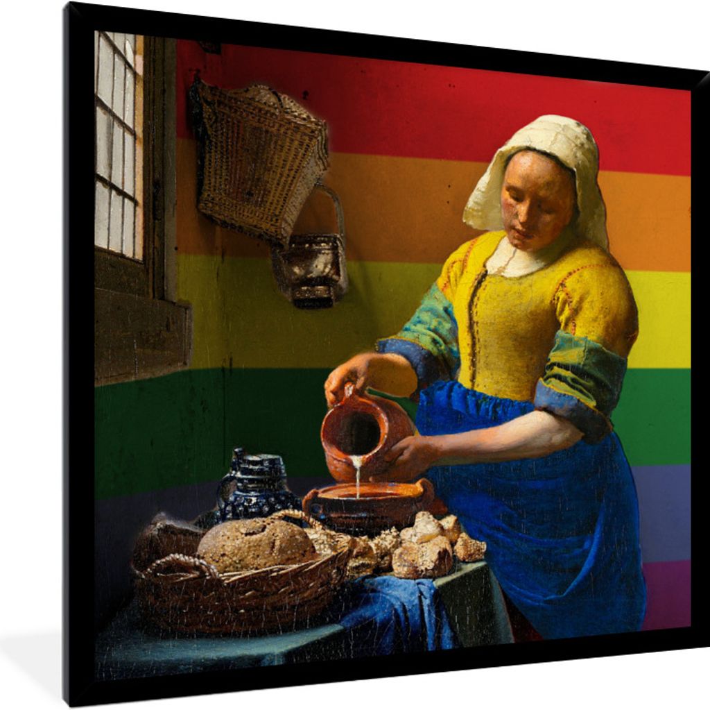 MuchoWow Gerahmtes Poster Milchmädchen - Vermeer - Stolzfahne 40x40 cm - Poster mit Schwarzem Bilderrahmen Wandposter Rahmen Foto Bilder - Mit R...