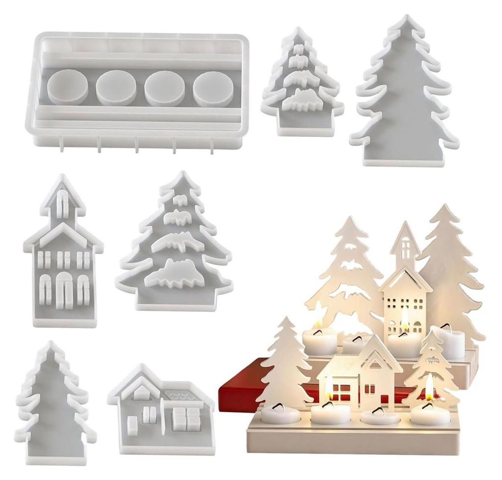 Silikon-Hausformen, 7-teiliges Set aus Silikon-Hausformen für Weihnachtskerzenhalter, Silikon-Hausform, Weihnachtsbaumform, Silikon-Kerzenhalter i...
