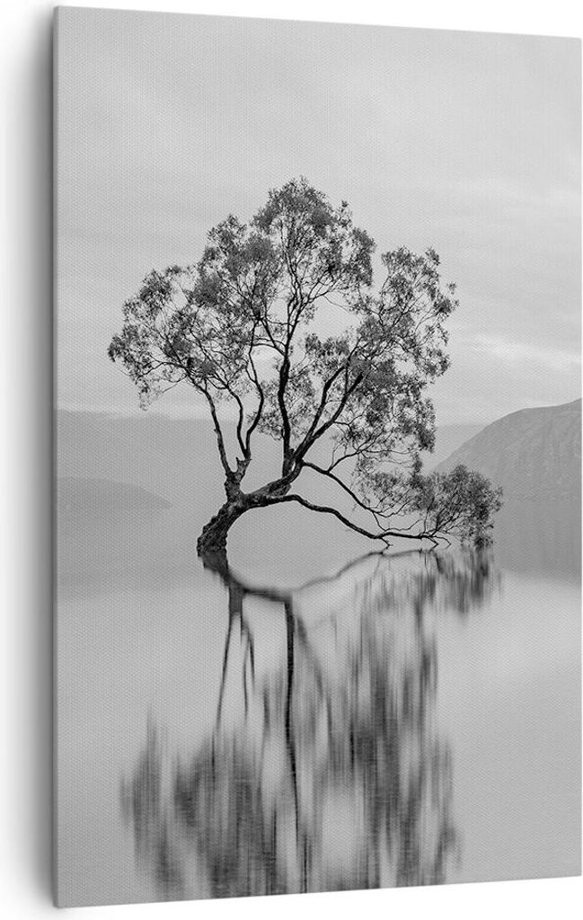 Bild auf Leinwand - Leinwandbild - Einteilig - Baum Symmetrie See - 80x120cm - Wand Bild - Wanddeko - Wandbilder - Leinwanddruck - Wanddekoration -...