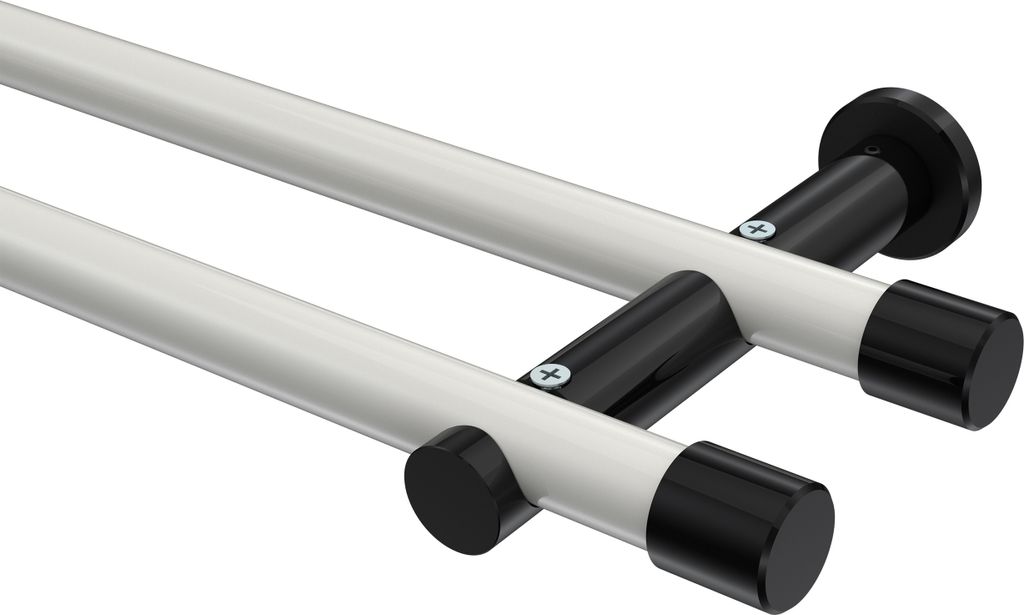 Interdeco Gardinenstange / Vorhangstange Weiß / Schwarz, Typ Platon Santo (Kappe) ohne Ringe, 20 mm Ø 2-läufig, 220 cm