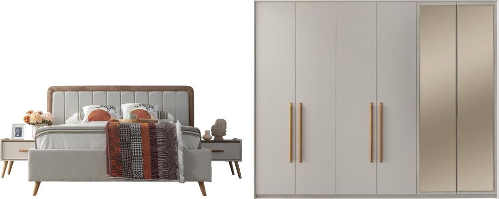 Schlafzimmer Set Giza Holzwerkstoff Spiegelglas Stoff Beige Weiß, Set:Typ-3