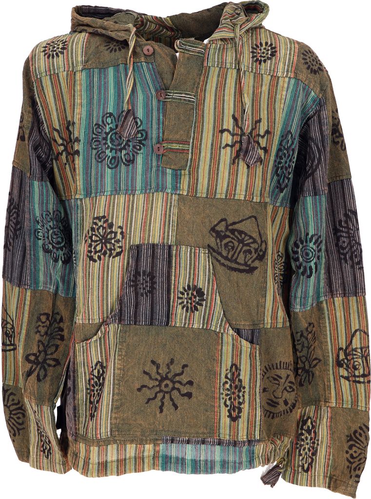 Yoga Hemd, Goa Hemd, Unikat Patchwork Sweatshirt, Leichter Freizeit Hoodie - Grün, Herren, Baumwolle, Größe: L