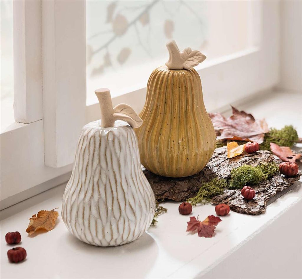 2x Dekokürbis "Glossy" aus Porzellan, glänzend, Herbstdeko Kürbisse, Halloweendeko, Herbst Deko Kürbis weiß & ocker, Halloween Dekofigur