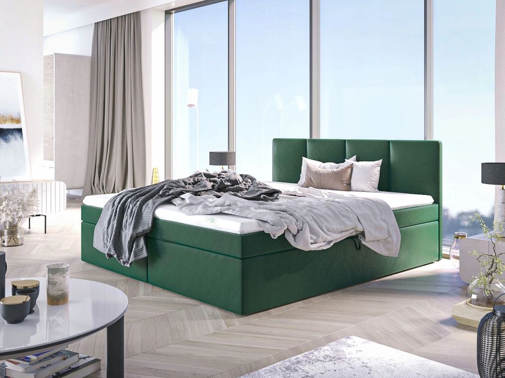 Bett, Boxspringbett STAR mit Bonell-Matratze, T25 Topper, Bett mit 2 Bettkästen, Doppelbett, Stauraum, 180x200 cm (Grün - Fuego 162)