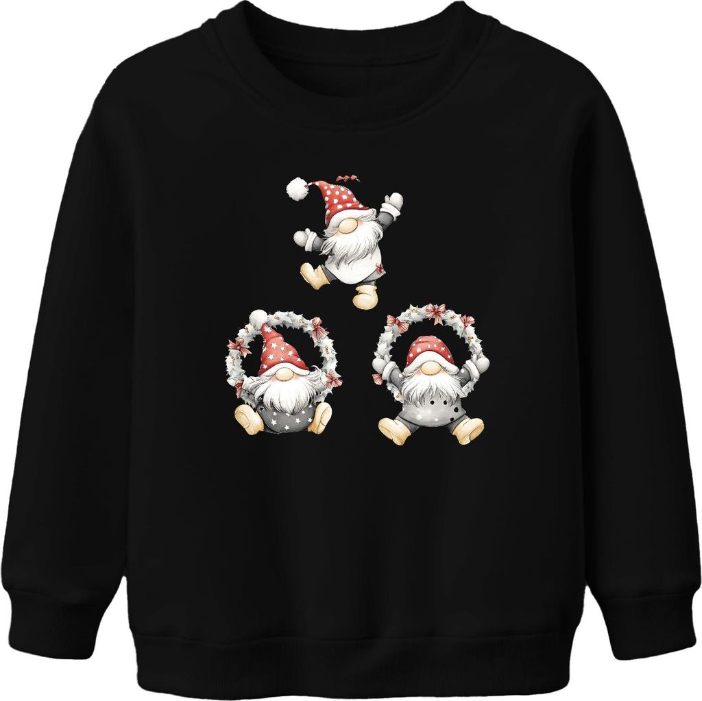 Weihnachtswichtel Kranz Skandinavisch Niedlich Aquarell Geschenk Uni Kinder Sweatshirt Pullover, Schwarz, 128