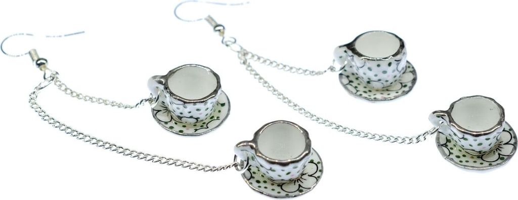 2er Tassen Teetasse Ohrringe Miniblings Hänger Kaffee Tee Porzellan Punkte grün