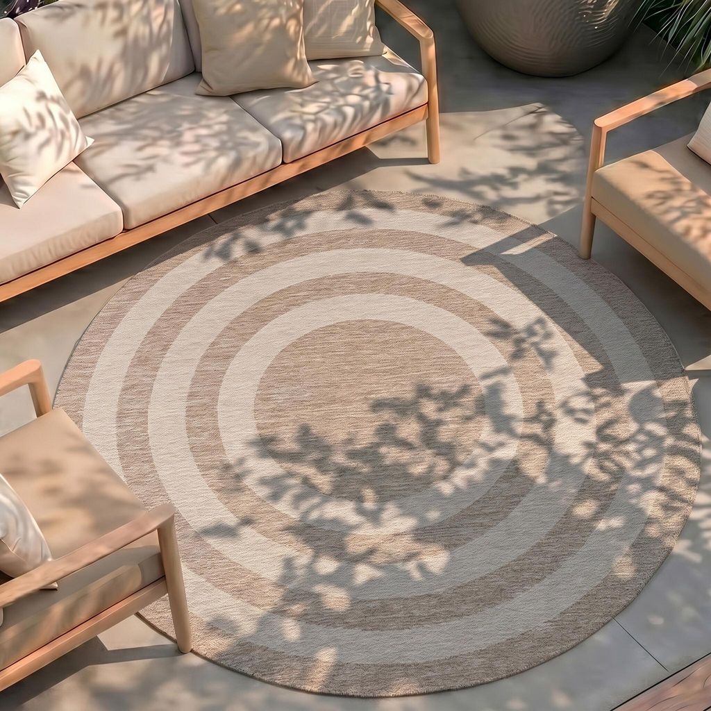 Volero - Outdoor Teppich Rund - Sierra Frame Beige Creme - Ø 200 cm - Wohnzimmer, Esszimmer, Garten, Terrasse, Wintergarten - Boho, Modern