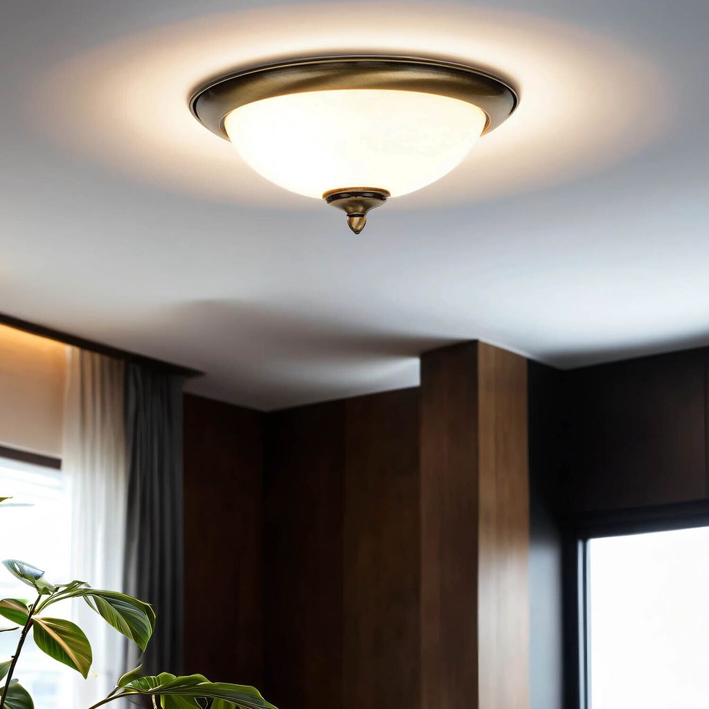 Deckenleuchte rund Ø 31 cm Messing antik Weiß Glas Schirm Jugendstil Deckenlampe Flur Wohnzimmer