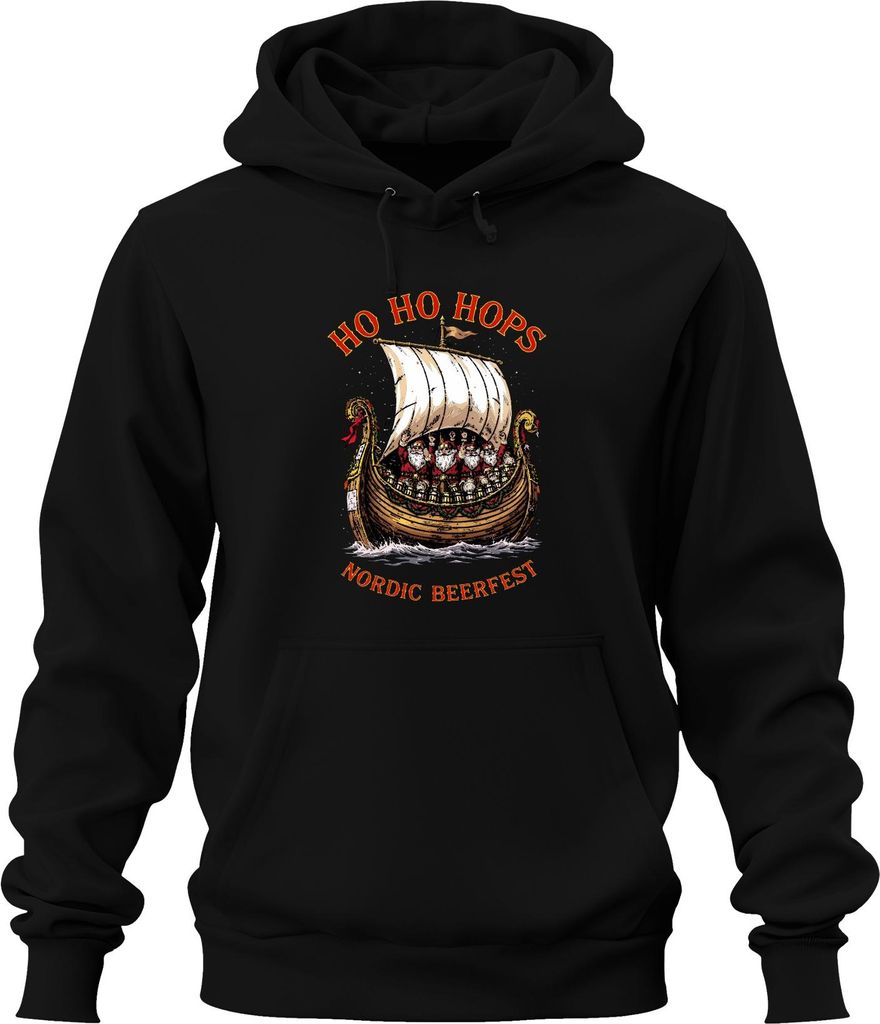 Nordic Beerfest HO HO HOPS Wikingerschiff Weihnachtsmann Uni Hoodie Kapuzenpullover, Schwarz, L