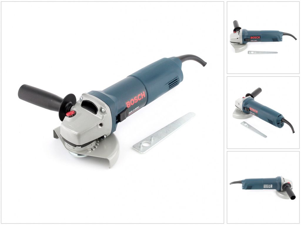 A Bosch angle grinder is shown on a white background with a metal accessory.