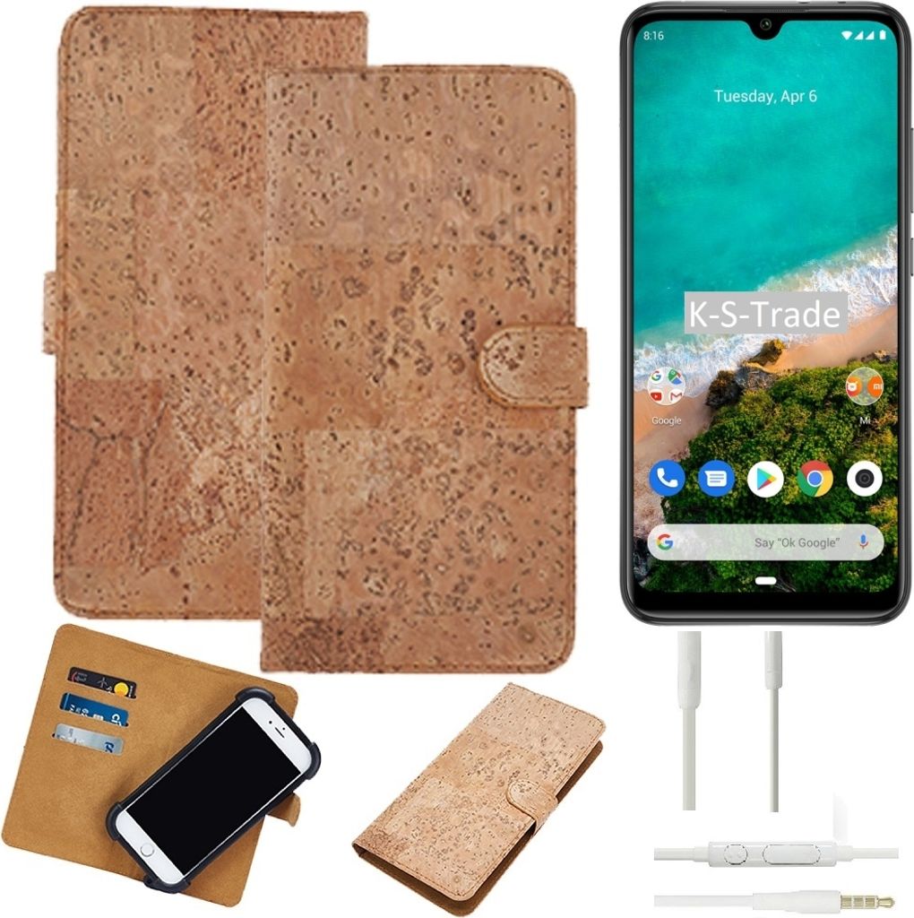 K-S-Trade Hülle kompatibel mit Xiaomi Mi A3 + in ear Kopfhörer Kork Handyhülle Cover Schutzhülle TPU Case Bumper in Hellbraun, (1x)
