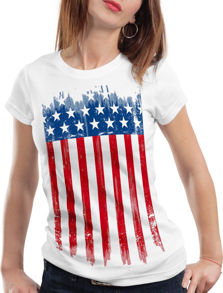 style3 USA Flagge Damen T-Shirt banner vereinigte staaten von amerika us stars stripes, Farbe:Weiß, Größe:XL