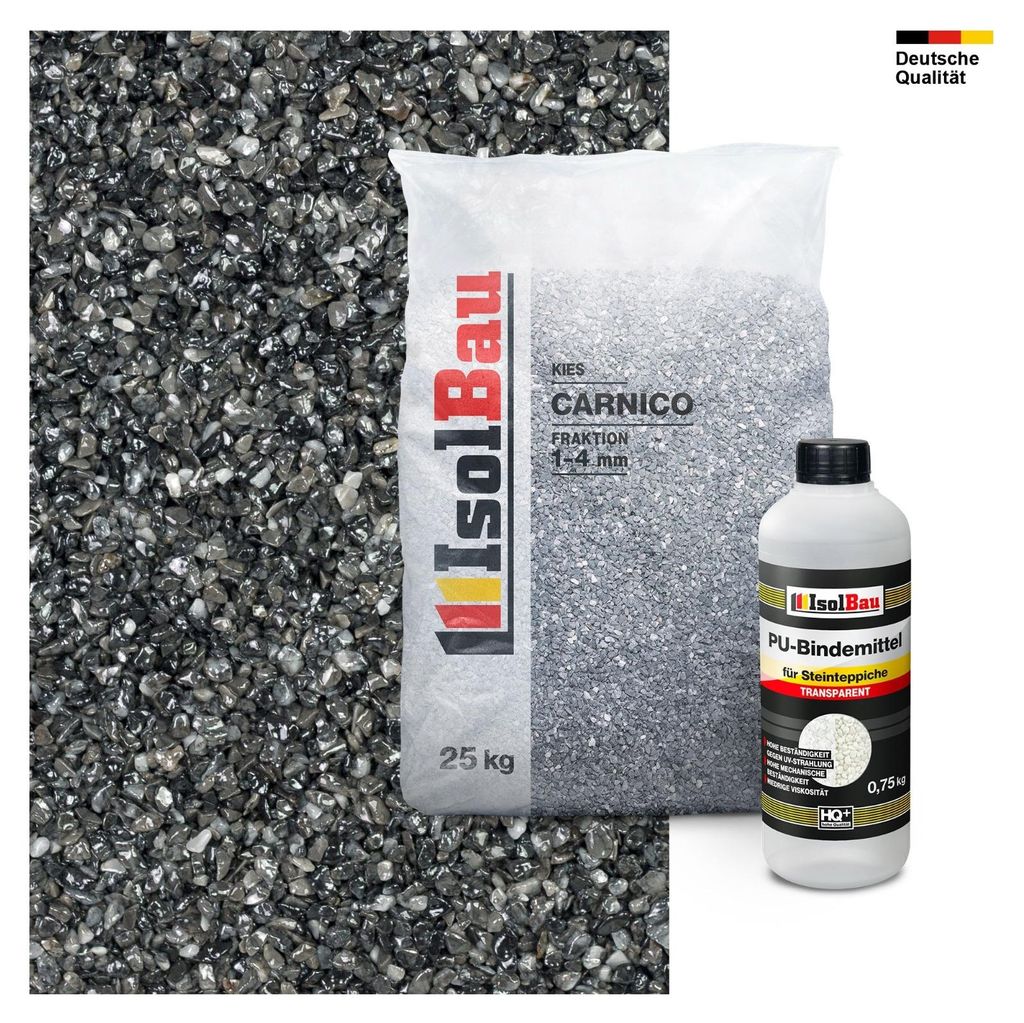 Isolbau Steinteppich Set Marmorkies 1-4 mm Carnico Grau 25 kg - Inkl. PU-Bindemittel bis 2,5 m² Bodenbelag