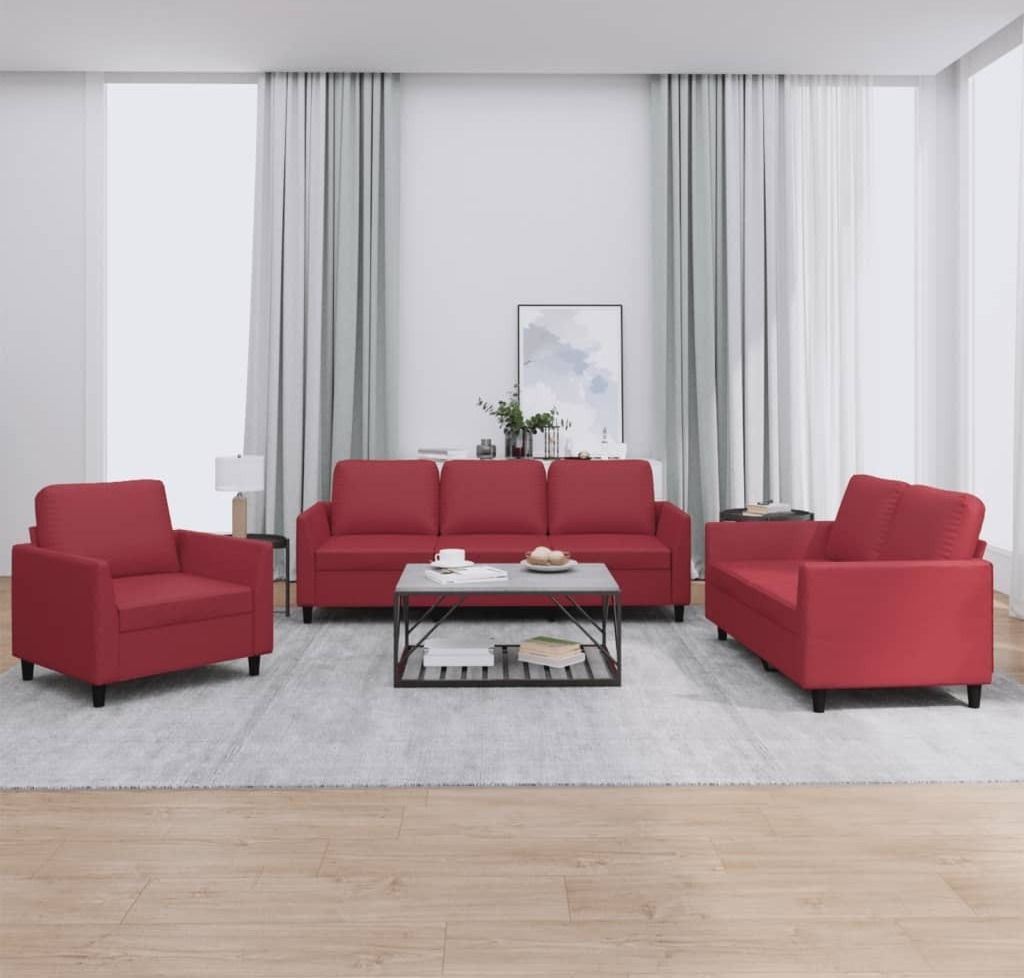 Einfachen Design & Stilvol 3-tlg. Sofagarnitur mit Kissen Weinrot Kunstleder Klassische Sofas - 3parcel