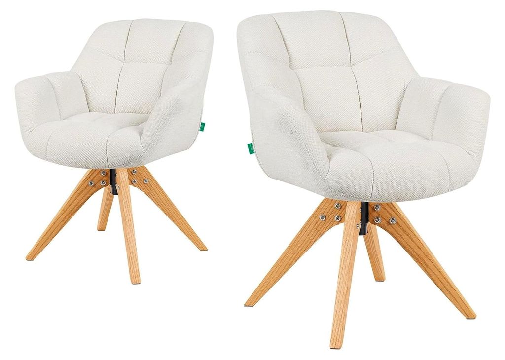 Esszimmerstühle 2er Set 360° drehbar mit Taschenfederkern, hoher Sitzkomfort, bis 150 kg belastbar, abriebfester Stoff Creme, Eiche Massivholzges...