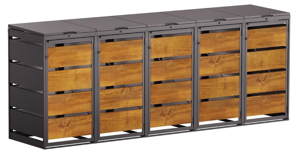 Mülltonnenbox Kim 5er 120L in Anthrazit mit Holzdekorfront