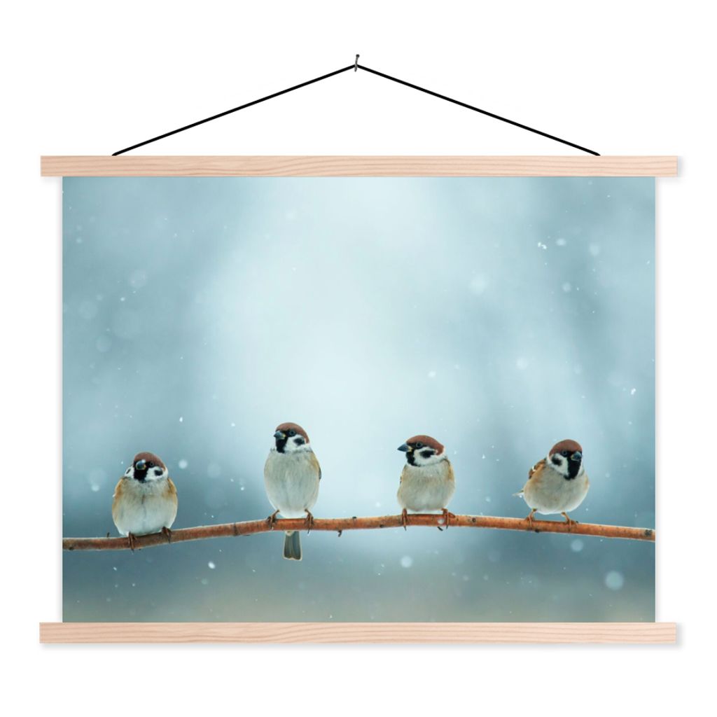 MuchoWow Textilposter Vögel - Spatz - Schnee - Winter 60x45 cm mit holzfarbenen Rahmen - Bild