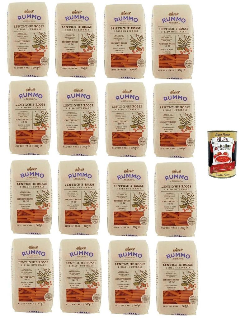 Rummo Pennette Rigate N°70 Glutenfreie Pasta mit Linsen und braunem Reis 16x 300gr + Italian Gourmet polpa 400g