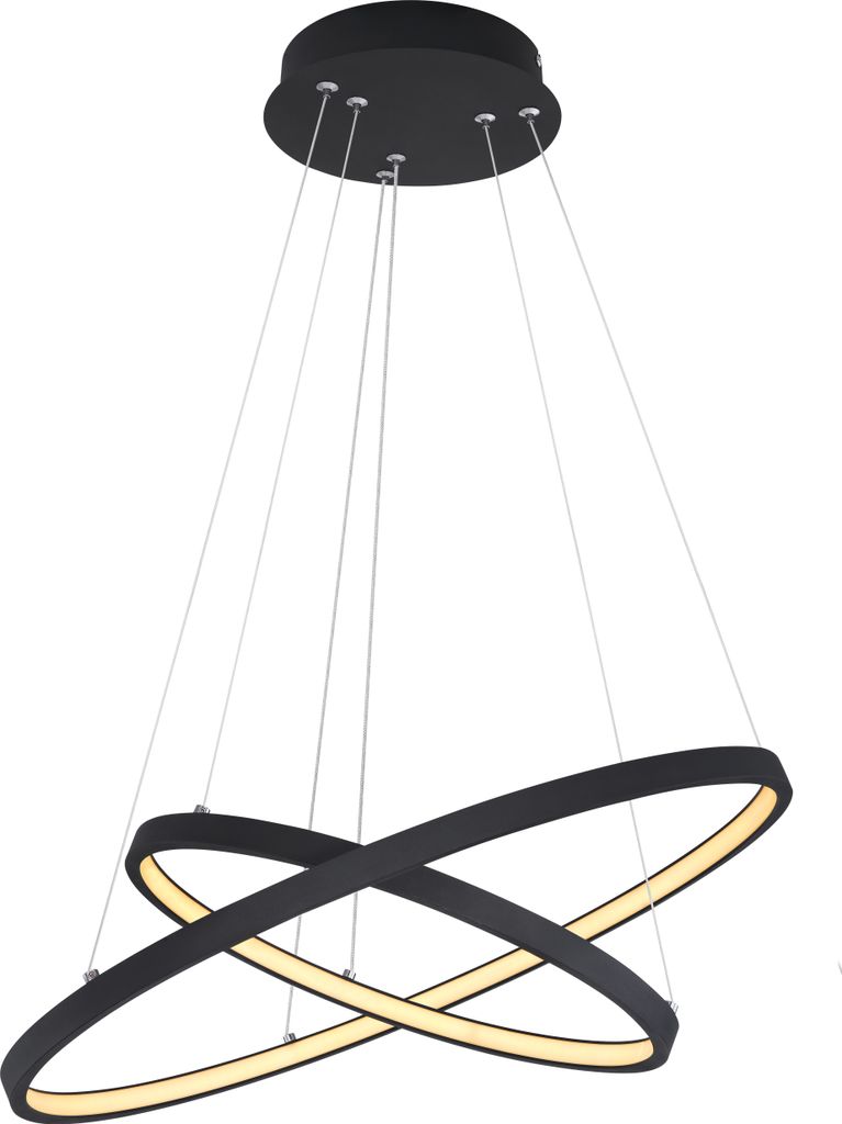 A black pendant light with two interlocking rings, illuminated from within.