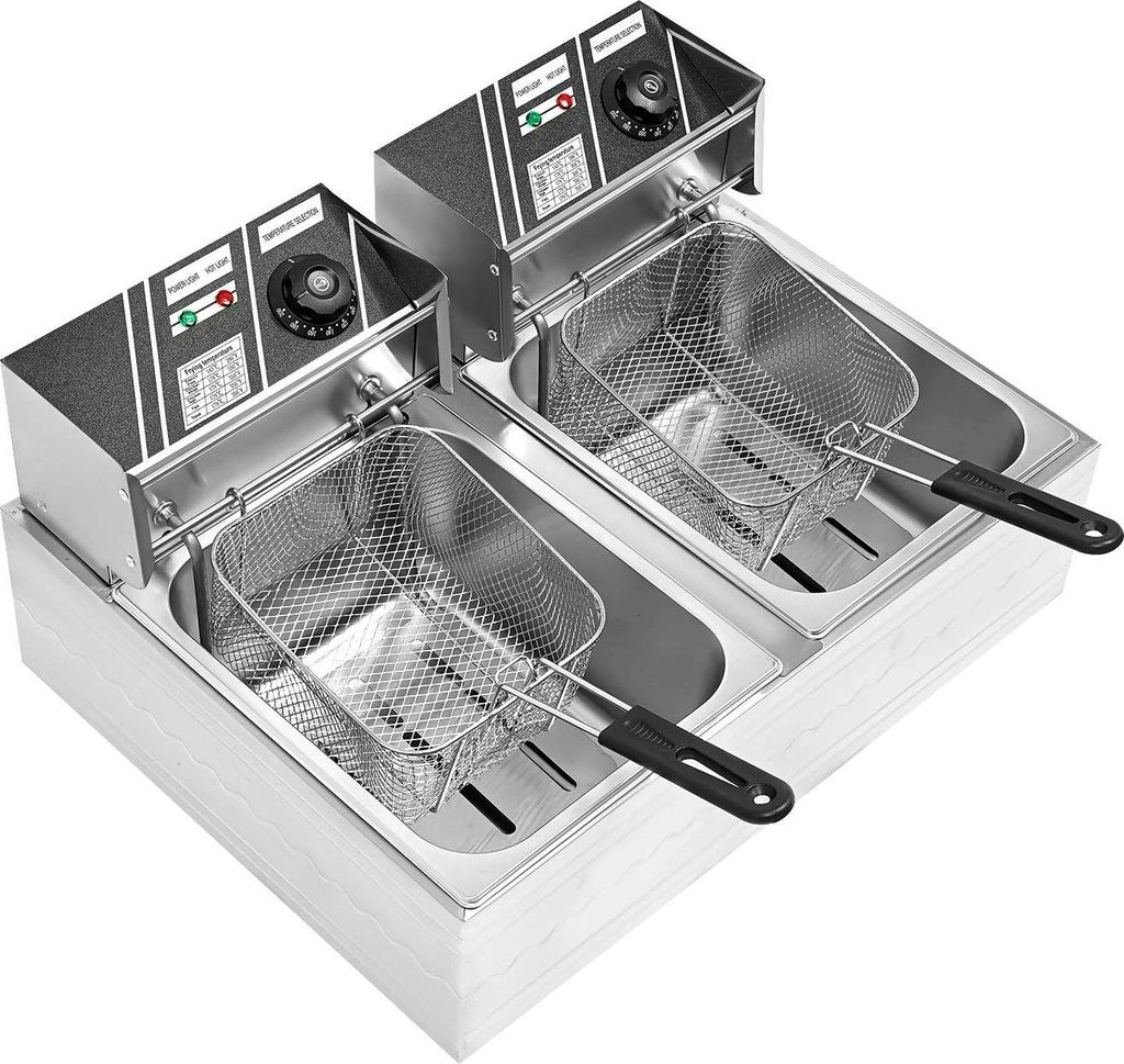 Gewerbliche Doppel-Fritteuse - EF-82 - Kapazität 2×6 L - Einstellbar 60–200 °C - EU‐Stecker 220 V - IPX3 Spritzwasserschutz - Edelstahl 410/...