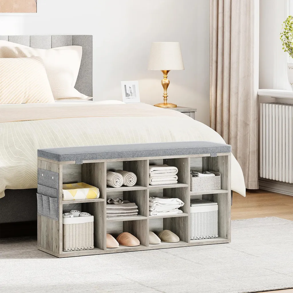 Meuble à chaussures avec banc de rangement et coussin gris pour entrée