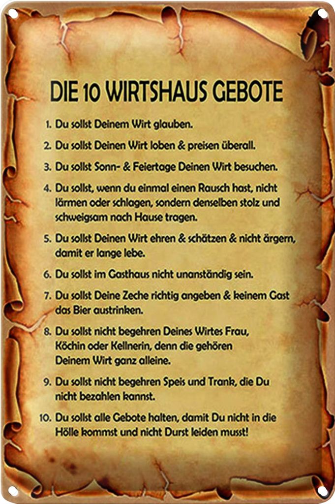 Blechschild Spruch 20x30cm die 10 Wirtshaus Gebote