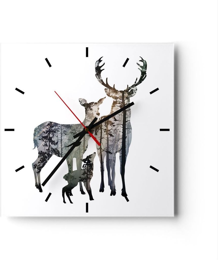 Wanduhr - Quadrat - Glasuhr - Deer Familie Wildheit Illustration - 30x30cm - Schleichendes Uhrwerk - Lautlos - zum Aufhängen bereit - Dekoration M...
