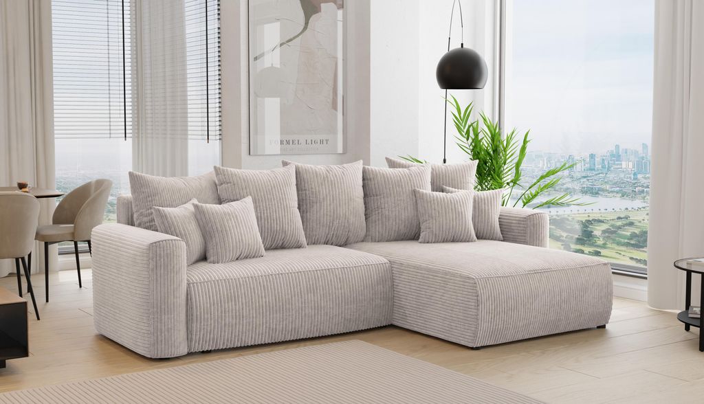 3-Sitzer Ecksofa ANTONIO BARI – 260x160x78cm, Ottomane rechts/links, L-Form, Schlaffunktion & Bettkästen - Eckarniutur, Bezug - dunkelbeige