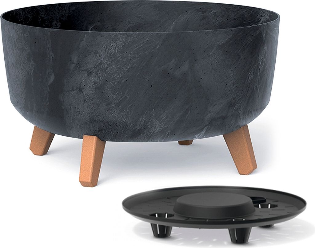 A dark gray planter with three wooden legs and a separate black saucer are shown against a white background.