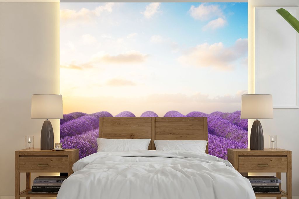MuchoWow Fototapete für Wohnzimmer oder Schlafzimmer Wandtapete Vinyl Motivtapete Lavendel - Himmel - Wolken - Blumen - 240x240 cm - Schlafzimme...