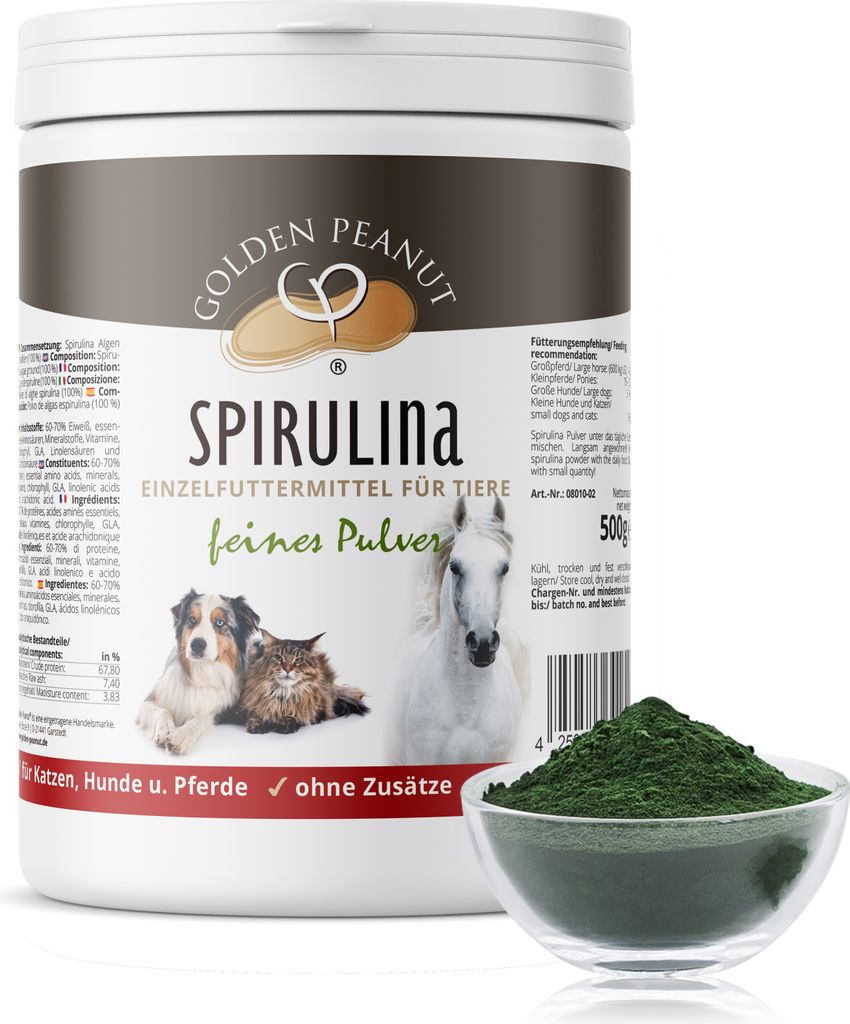 GOLDEN PEANUT Spirulina Pulver 500 g - 100% Reine Spirulina Alge für Pferd, Hund und Katze, , natürliche Nährstoffversorgung