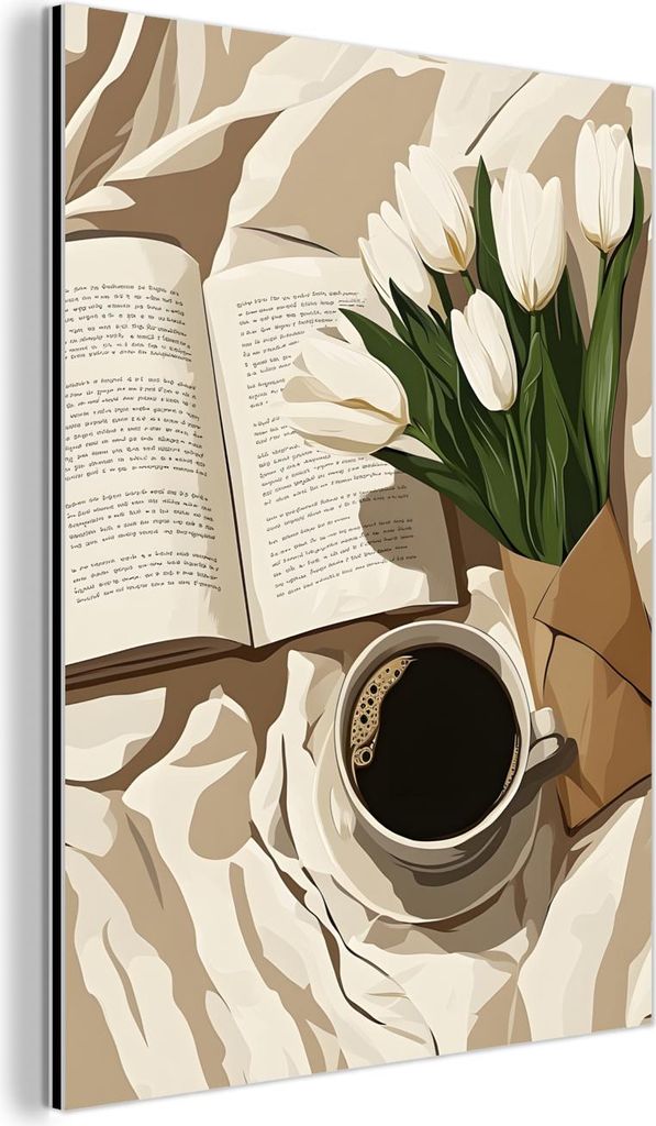 MuchoWow Wanddekoration Metall Metallbild Wandkunst 90x120 cm Buch - Illustration - Tulpen - Kaffee MuchoWow Aluminium Gemälde - Industrial