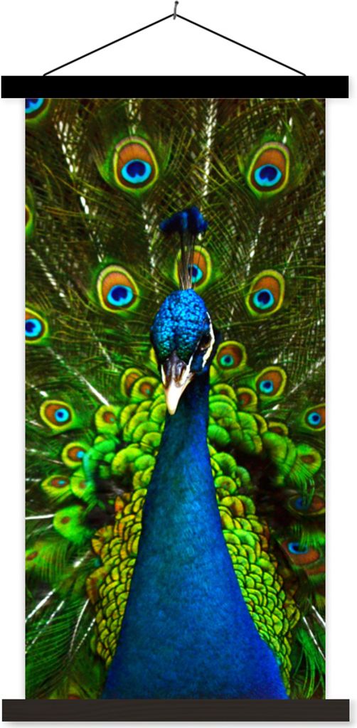 MuchoWow Textilposter Pfau - Federn - Muster - Blau 90x180 cm mit schwarzem Rahmen - Dekoration Wohnzimmer