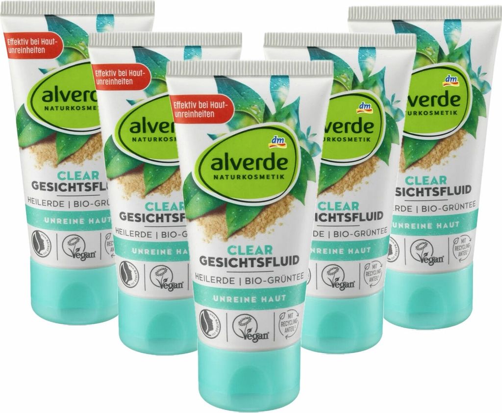 5 x  alverde Naturkosmetik - Clear Gesichtsfluid Heilerde & Produktbild 