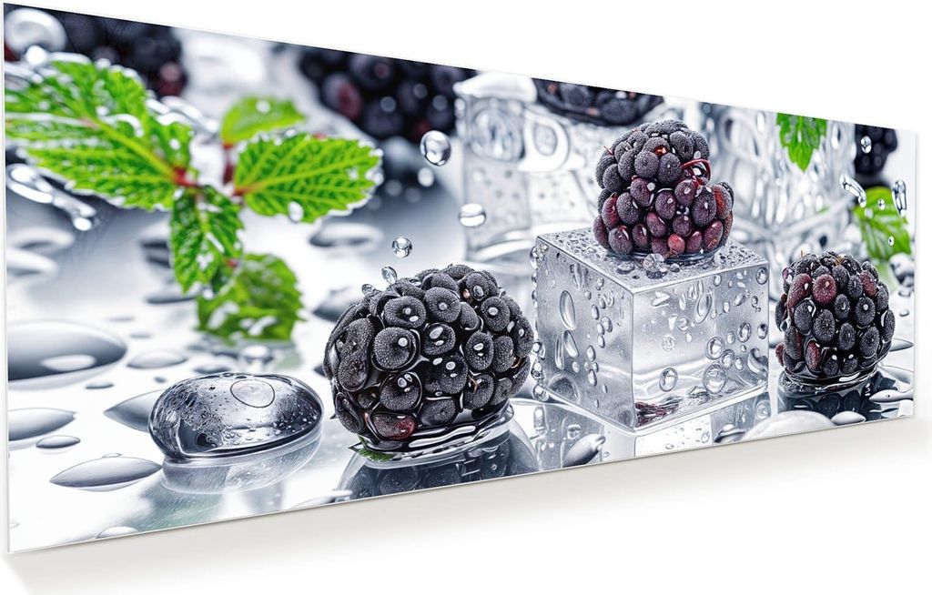 Glasbild 100x40cm in XXL für Wohnzimmer, Schlafzimmer Motiv Brombeeren Eiskalt