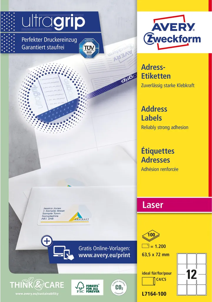 Avery L7164-100 Etichette Laser 63,5x72mm - 1200 Pezzi Ultragrip