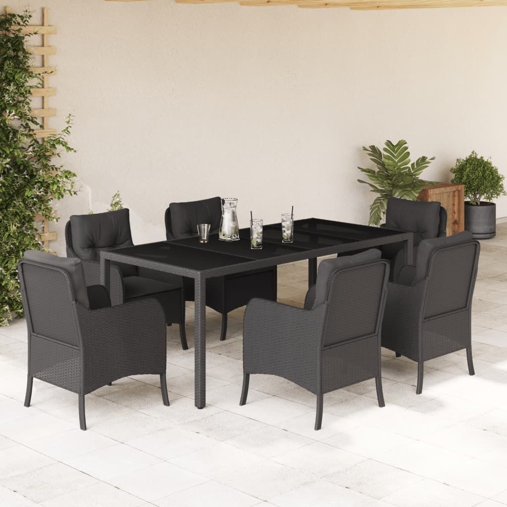 Design 7-tlg. Garten-Essgruppe mit Kissen Schwarz Poly Rattan, Gartenmöbel-Sets 2024 Neu