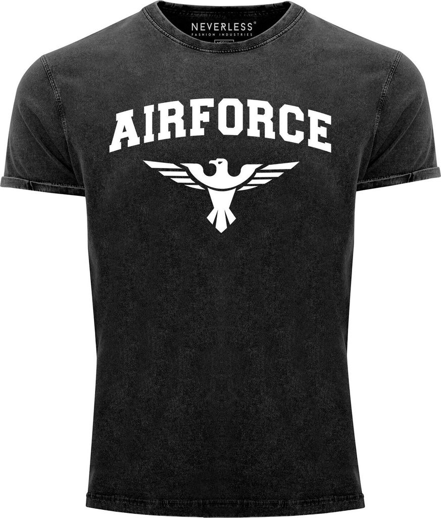 Herren Vintage Shirt Airforce US Army Adler Militär Printshirt T-Shirt Aufdruck Used Look Neverless schwarz M